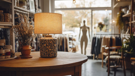 A cozy and warm thrift store counter with a decorative lamp on a wooden table, a mannequin, and clothing racks in the background.の素材