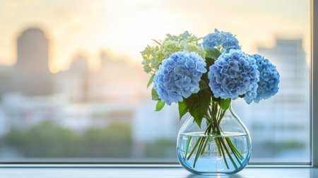 Blue hydrangea bouquet in a minimalist glass vase on a windowsill, overlooking a serene cityscape with soft morning light.の素材