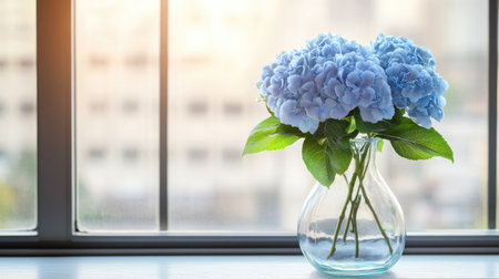 Blue hydrangea bouquet in a minimalist glass vase on a windowsill, overlooking a serene cityscape with soft morning light.の素材