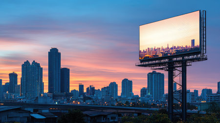 Blank billboard mounted on a high-rise in Thailand, overlooking the city skyline at dusk, clear advertising space for branding mockupsの素材