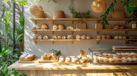 A cozy bakery in Bali displaying fresh bread and pastries on wooden shelves, with tropical plants adding a relaxing vibe.の素材