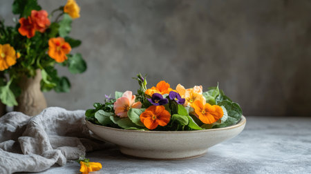 Beautifully plated summer salad with roses, pansies and nasturtiums, mixed with mche leaves in ceramic tablewareの素材