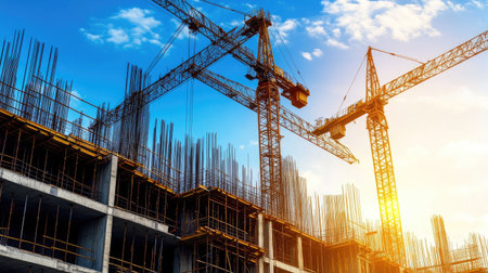 Blue sky and bright sun highlighting details of a large construction crane, industry and sky meeting in a clean compositionの素材