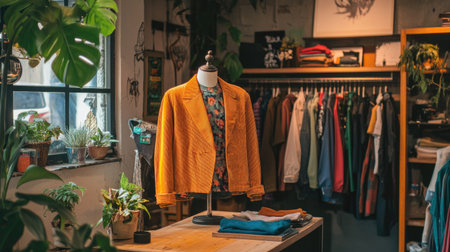 A cozy retail space in a thrift store with a stylish desk lamp, a mannequin dressed in vintage clothing, and hanging garments on racks.の素材