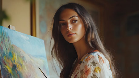 Artist with a serene expression, looking at her painting with quiet contemplation, palette and brush in hand.の素材