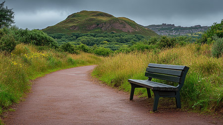 Bench along the pathway of Holyrood Park, Arthur's Seat towering in the background, moody weatherの素材