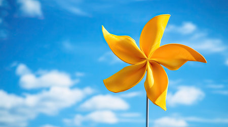 Bright yellow pinwheel in focus against a soft blue sky, simple and cheerful aestheticの素材
