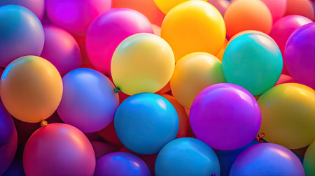 Artistic composition of clustered rainbow balloons forming a vibrant abstract background, soft lighting and depthの素材