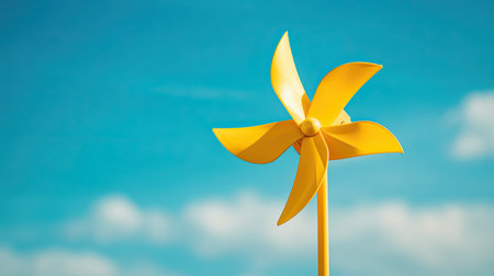 Bright yellow pinwheel in focus against a soft blue sky, simple and cheerful aestheticの素材