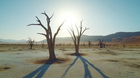 Bleached desert floor and skeletal trees under burning sun in Deadvlei, Namibia, an iconic African desert sceneの素材