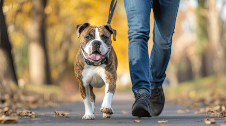 Brindle coat American Bulldog happily trotting beside its owner, ears flapping slightly with each step.の素材