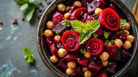 Bowl of beetroot and chickpea salad with artistic rose-shaped beet garnishes, top-down view on neutral backgroundの素材