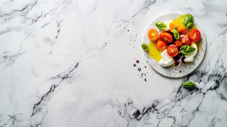 Caprese salad with multi-colored heirloom tomatoes, mozzarella, and basil, drizzled with olive oil on a marble countertop. Top-down angle.の素材