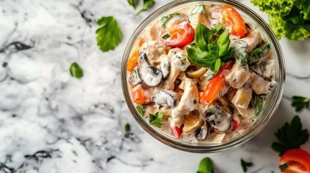 Beautifully plated chicken and mushroom layered salad in a glass dish, marble background, top down photoの素材