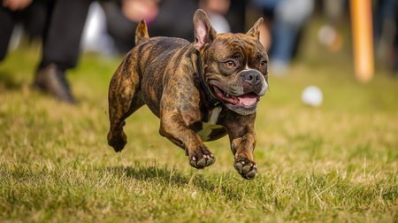 Brindle American Bulldog leaping forward while playing on the grass, owner smiling in the background.の素材