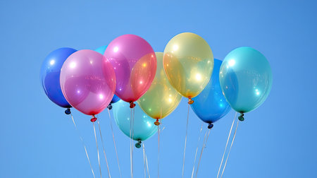 Beautifully arranged set of colorful helium-filled transparent balloons, floating softly in a festive and elegant styleの素材