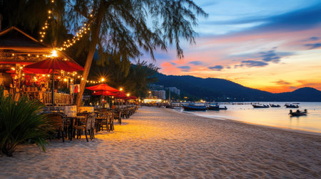 Bright tropical sunset casting mirror reflections across wet beach surface in Patong, Phuketの素材