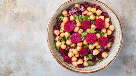 Bowl of beetroot and chickpea salad with artistic rose-shaped beet garnishes, top-down view on neutral backgroundの素材