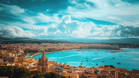 Breathtaking scene from the highest point of Palma Cathedral, capturing the beauty of Mallorca's coastal city.の素材