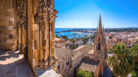 Overlooking Palma de Mallorca from the cathedral's heights, with Gothic architecture in the foreground and a sunlit bay beyond.の素材