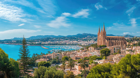 Palma de Mallorca skyline seen from the top of the cathedral, offering a breathtaking coastal and urban landscape.の素材