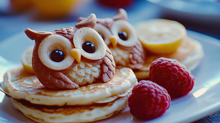 Owl-themed breakfast pancakes made with natural ingredients, styled with playful fruit arrangements for childrenの素材