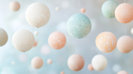 Party-inspired scene with floating helium balloons in muted pastel shades, softly arranged on a blurred backgroundの素材