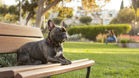 Owner bonding with his French bulldog at a vibrant city park, enjoying quality time on a sunny day. Pet parent lifestyle.の素材