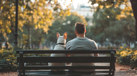 Owner and his French bulldog sharing a peaceful moment on a park bench after a refreshing walk. Urban pet bonding.の素材