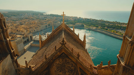 Palma Cathedral rooftop view, presenting a bird's-eye perspective of the old town and shimmering Mediterranean waves.の素材