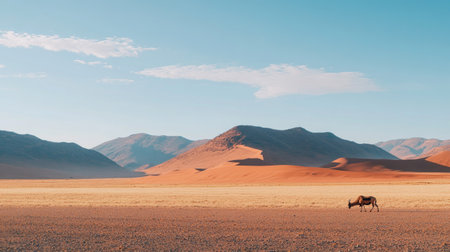 Pair of gemsbok antelope grazing in the early morning light of the Namib Desert, surrounded by red sand dunes near Sossusvleiの素材