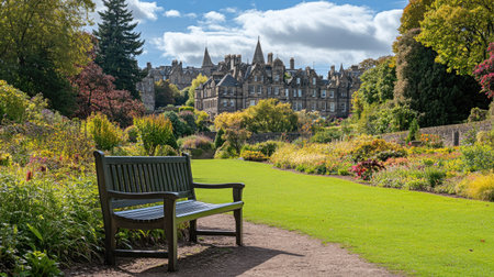 Park bench near Holyrood Palace, Edinburgh, surrounded by lush green gardens and historic charmの素材