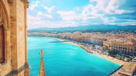 Palma de Mallorca skyline seen from the top of the cathedral, offering a breathtaking coastal and urban landscape.の素材