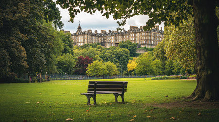 Park bench near Holyrood Palace, Edinburgh, surrounded by lush green gardens and historic charmの素材