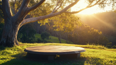 Peaceful sunset view of a single tree with a wooden circular bench, golden light casting long shadowsの素材