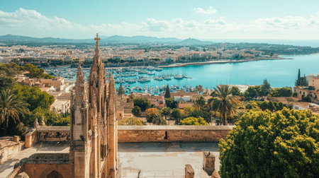 Palma de Mallorca skyline seen from the top of the cathedral, offering a breathtaking coastal and urban landscape.の素材