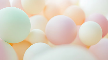 Pastel-themed party balloons with a soft matte finish, creating a gentle and elegant floating effect on a blurred backgroundの素材