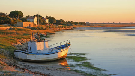 Peaceful coastal landscape of Chtelaillon-Plage with golden sunset over retreating tide, ripples in the sand catching last lightの素材