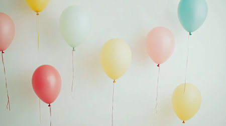 Party-themed stock photo with a variety of balloons in bright colors floating on a white backdrop, perfect for designsの素材