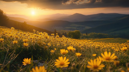 Peaceful sunset over the Carpathians, endless yellow arnica flowers swaying under golden light, dreamy landscapeの素材