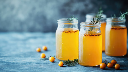 Aesthetic food photography of probiotic-rich honey-fermented sea buckthorn in glass jars, styled elegantly on a soft blue stone surface.の素材