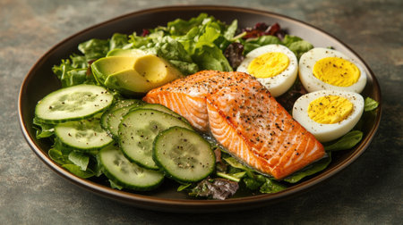 Aesthetic keto lunch with salmon, leafy greens, sliced cucumber, avocado, and boiled eggs, plated on a rustic surface.の素材