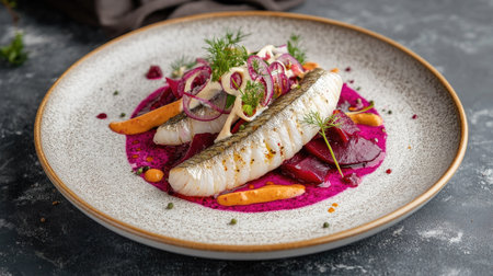 Artistic food presentation of a Russian delicacy herring on beetroot salad, beautifully plated on a ceramic dish with an elegant drizzle of dressing.の素材