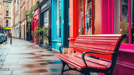 Picturesque bench in Victoria Street, Edinburgh, vibrant colorful shopfronts creating a charming settingの素材