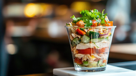 Portion-controlled layered salad in glass cup, chicken and vegetables visible, set on white marble slabの素材