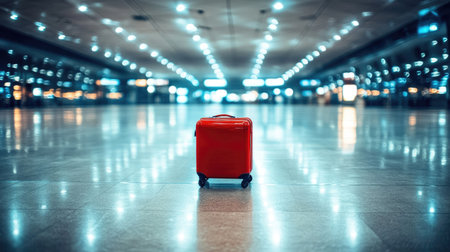 Airport luggage trolley standing alone in a bright terminal, polished floors reflecting overhead lights, modern travel concept, empty baggage cartの素材