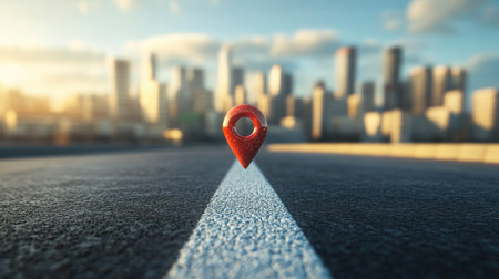 Red location pin standing on a smooth highway leading into a vibrant modern city, skyscrapers reflecting golden sunlight, D renderの素材