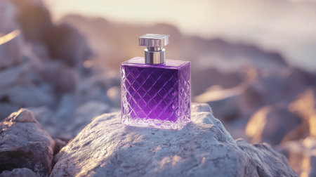 Beautiful purple perfume bottle sitting on smooth white rock, bathed in soft light. Luxurious fragrance branding concept.の素材
