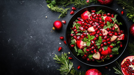 Pomegranate Bracelet salad on moody black background, garnished with herbs, top view of traditional holiday foodの素材