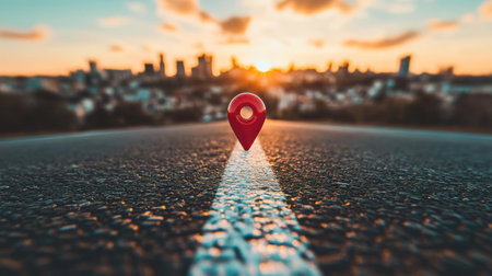 Red map pin standing on a straight road pointing into a futuristic metropolis, symbolizing navigation and direction.の素材